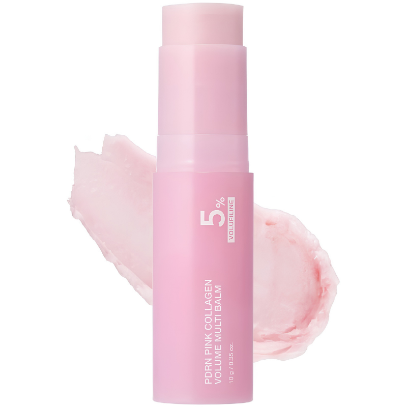 Pink collagen balm with a rose petal on a white background