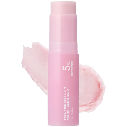 Pink collagen balm with a rose petal on a white background